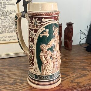 Vintage German Beer Stein with Green and Brown Design